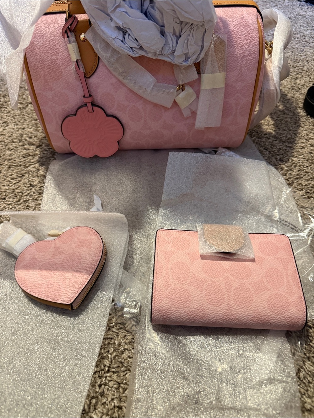 Coach Powder Pink Signature Canvas  Bag Set with Heart Coin Pouch and Wallet